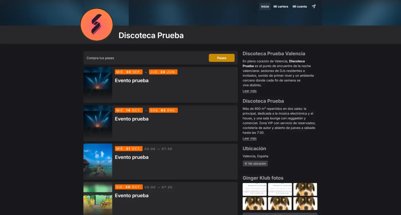 Página pública de un evento en Fourvenues antes del rediseño: cabecera con etiquetas naranjas y listado de eventos en una sola columna.